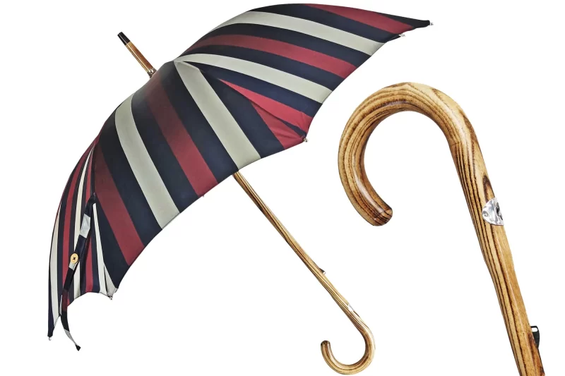 Parapluie rayé multicolore - Poignée en hêtre naturel