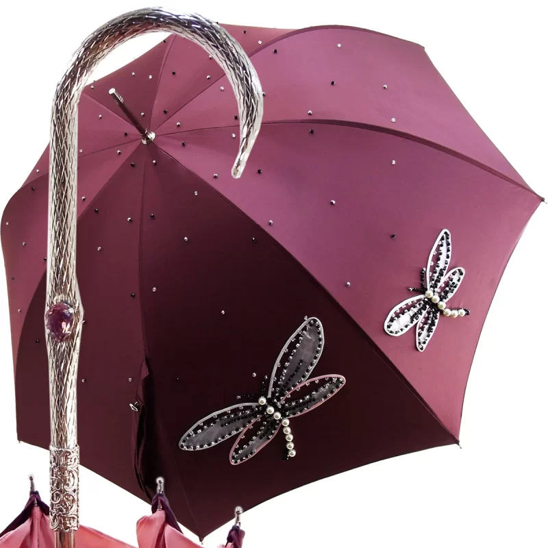 Parapluie exclusif pour femmes, fait à la main, avec libellules brodées